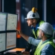 Image of two people in hardhats reviewing data on a computer.