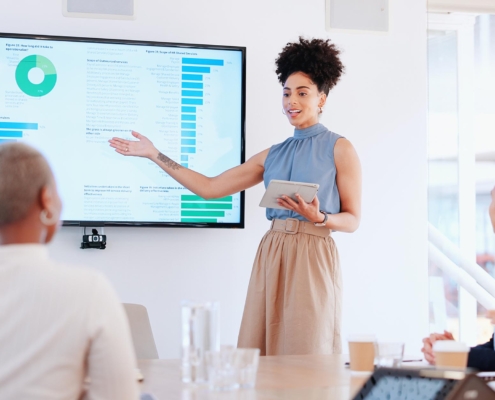 Image of a business person presenting graphs during a meeting