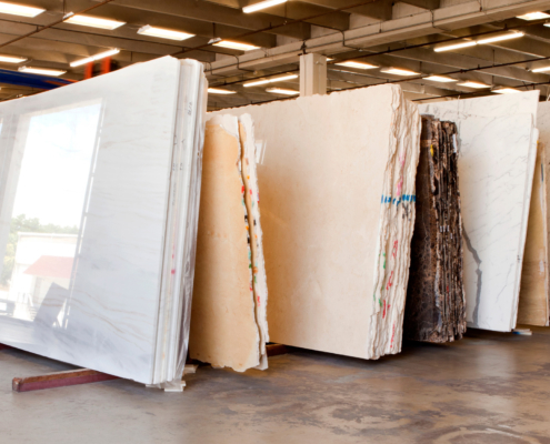 Slabs of granite in a storage warehouse. Construction Material