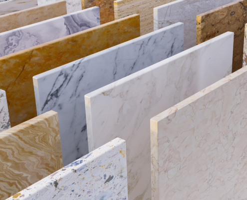 Rows of many marble countertop slabs